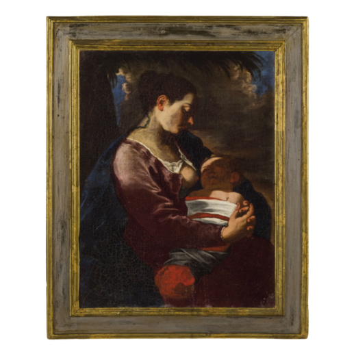 FLAMINIO TORRI (Bologna, 1620 - Modena, 1661)<br>Madonna del latte <br>Olio su tela, cm 80X60