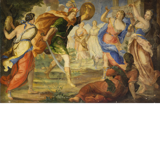 PITTORE DEL XVIII SECOLO Il Trionfo di David<br>Olio su tela, cm 150X233