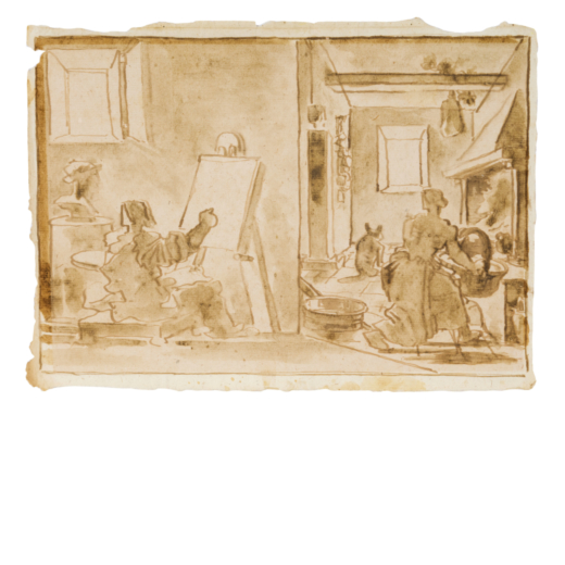 FORTUNATO DURANTI  (Montefortino, 1787 - 1863) <br>Studio del pittore e interno di cucina <br>Inscri