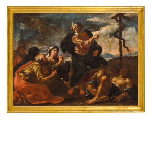 PITTORE GENOVESE DEL XVII SECOLO Mosè e il serpente di bronzo<br>Olio su tela, cm 72,5X98,5