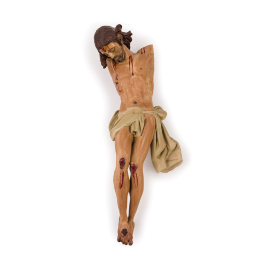 SCULTURA IN LEGNO POLICROMO, XIX SECOLO raffigurante Cristo crocifisso; usure, alcune rotture e manc