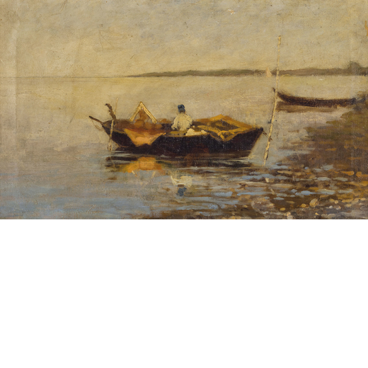 PITTORE DEL XIX SECOLO <br>Pescatore con barca<br>Olio su tela, cm 35X60