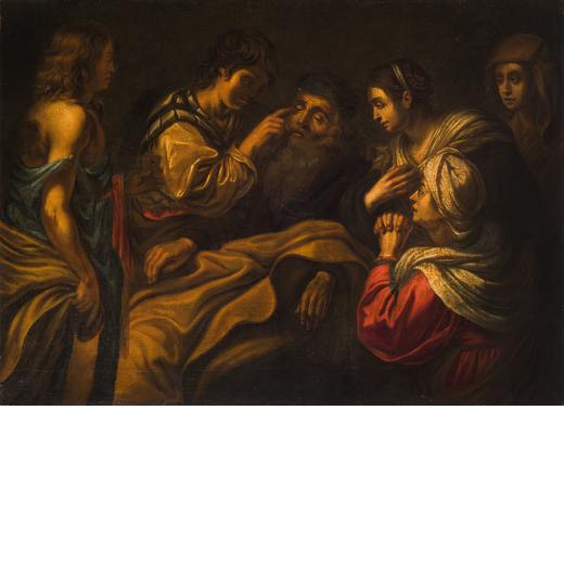 PITTORE DEL XVII-XVIII SECOLO Tobia guarisce il padre<br>Olio su tela, cm 120X167