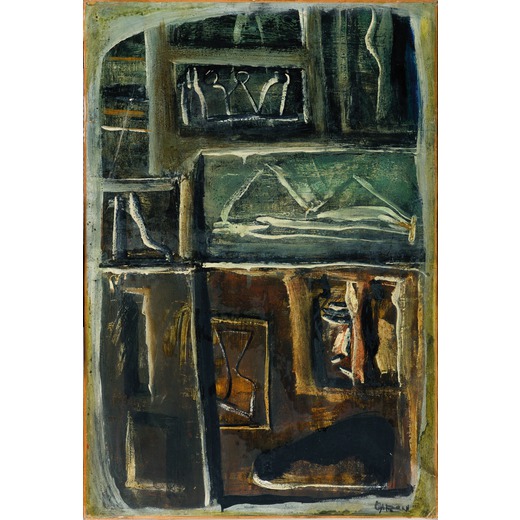MARIO SIRONI (1885-1961)  COMPOSIZIONE, 1950 circa<br>Olio e tempera su carta applicata su tela, cm 