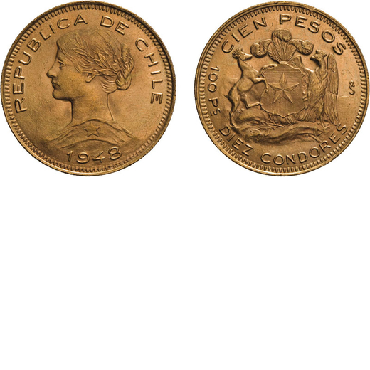 ZECCHE ESTERE. CILE. 100 PESOS 1948 Oro, 20,35 gr, 31 mm, BB/SPL<br>D: Testa a sinistra. Sotto data.