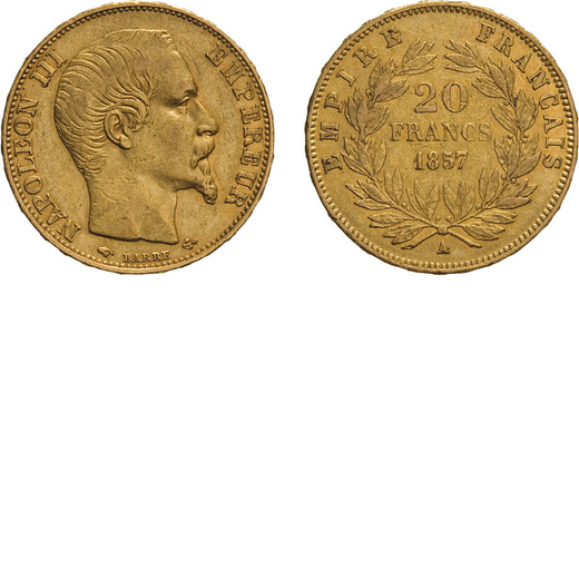 ZECCHE ESTERE. FRANCIA. NAPOLEONE III. 20 FRANCHI 1857  Parigi. Oro, 6,44 gr, 21 mm, MB/qBB<br>D: Te