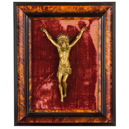 SCULTURA IN BRONZO DORATO, XVIII-XIX SECOLO raffigurante Cristo crocifisso, entro cornice in legno e