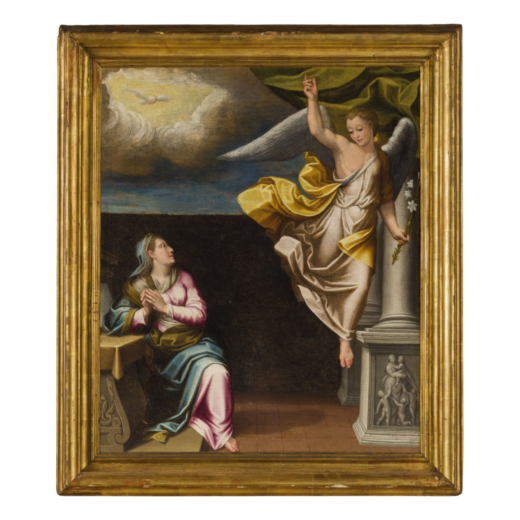 PITTORE DEL XVIII SECOLO Annunciazione<br>Olio su tela, cm 69X57