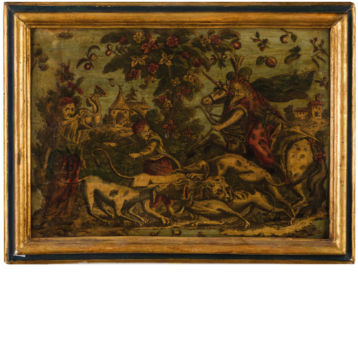 PANNELLO IN LEGNO LACCATO, XVIII-XIX SECOLO decorato ad arte povera e raffigurante scena di caccia, 