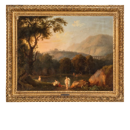 JACOB PHILIPPE HACKERT (Prenzlau, 1737 - San Pietro di Careggi, 1807)<br>Paesaggio laziale con bagna
