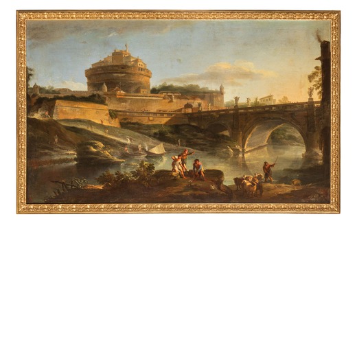 ANDREA LOCATELLI (Roma, forse 1693 - 1741)<br>Veduta con il Tevere e Castel SantAngelo<br>Olio su te