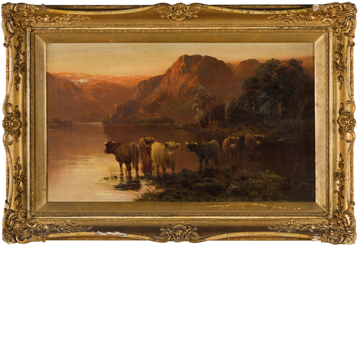 PITTORE DEL XIX SECOLO <br>Mucche nei campi al tramonto <br>Firmato in basso a destra<br>Olio su tel