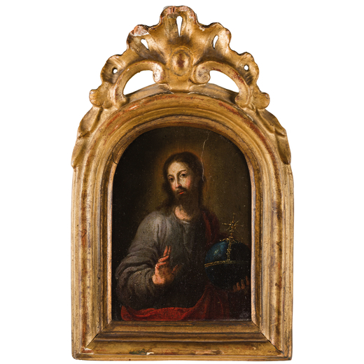 ANTOON VAN DYCK (seguace di) (Anversa, 1599 - Londra, 1641) <br>Salvator Mundi<br>Olio su tavola, cm