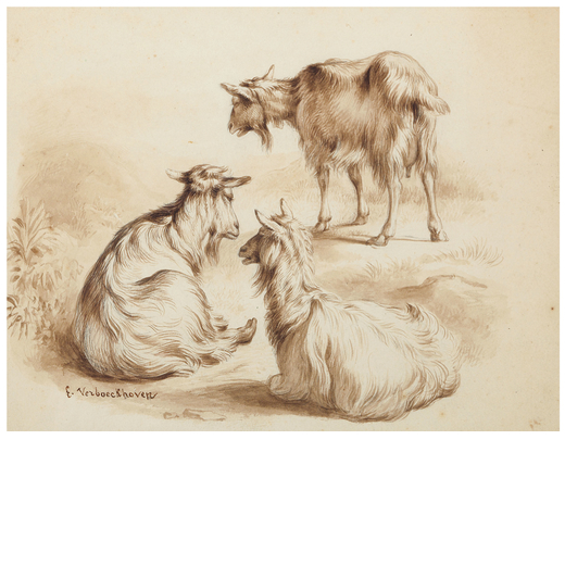 EUGENE VERBOECKHOVER (Warneton, 1798 - Schaerbeek, 1881)<br>Pecore<br>Matita e acquerello, cm 21X26