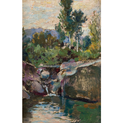 ALFONSO HOLLAENDER Ratisbona, 1845 - Firenze, 1923<br>Paesaggio fluviale <br>Firmato A Hollaender in
