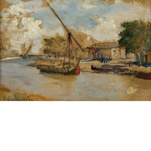 ALFONSO HOLLAENDER Ratisbona, 1845 - Firenze, 1923<br>Paesaggio fluviale con imbarcazione<br>Firmato