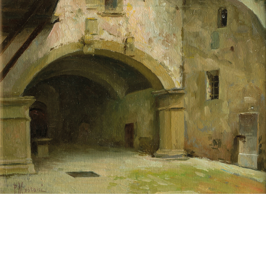 POMPEO MASSANI Firenze, 1850 - 1920<br>Cortile del castello di Poppi<br>Firmato P Massani in basso a