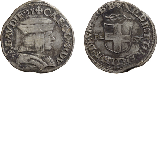 SAVOIA. CARLO II IL BUONO (1504-1553).  TESTONE<br>Bourg. Argento, 9,39 gr, 28 mm. Graffi al D. qBB.