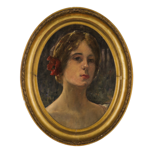 PITTORE DEL XIX SECOLO <br>Ritratto di donna con fiore tra i capelli<br>Firmato in basso a destra <b