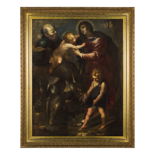 LUCIANO BORZONE (Genova, 1590 - 1645)<br>Fuga in Egitto<br>Olio su tela, cm 180X142