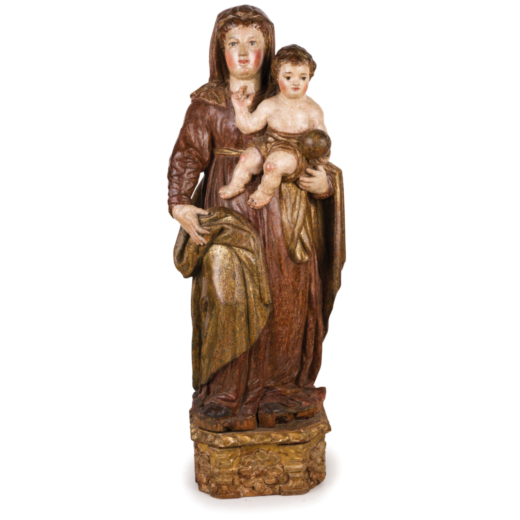 SCULTURA IN LEGNO LACCATO E PARZIALMENTE DORATO, XVII-XVIII SECOLO raffigurante Madonna con Bambino;