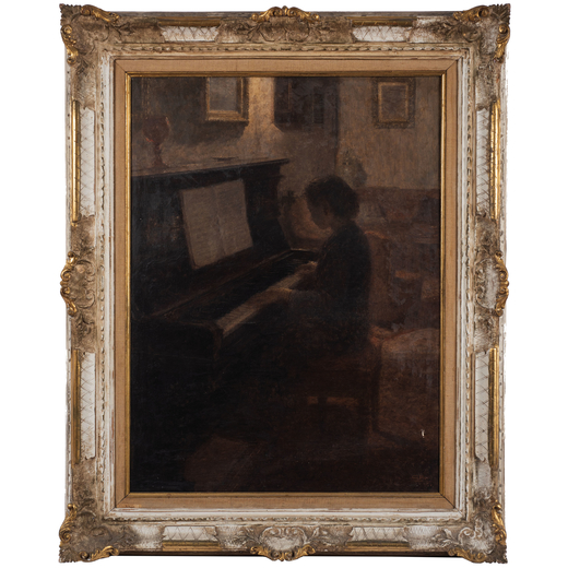 GIUSEPPE AR Lucera, 1898 - Napoli, 1956<br>La pianista<br>Firmato Ar in basso<br>Olio su tela, cm 74