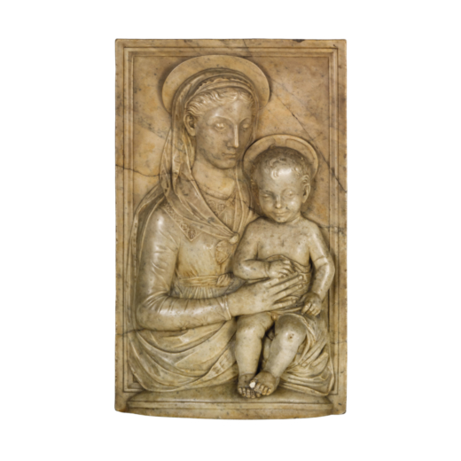 RILIEVO IN MARMO, XVI SECOLO raffigurante Madonna con Bambino; usure, rotture  e alcune mancanze, sb