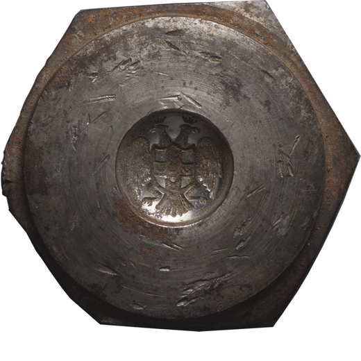 SFRAGISTICA. MATRICE PER BOLLA CIRCOLARE. Sec. XVI-XVII Bronzo, su base esagonale 50x56x42 mm. Diame