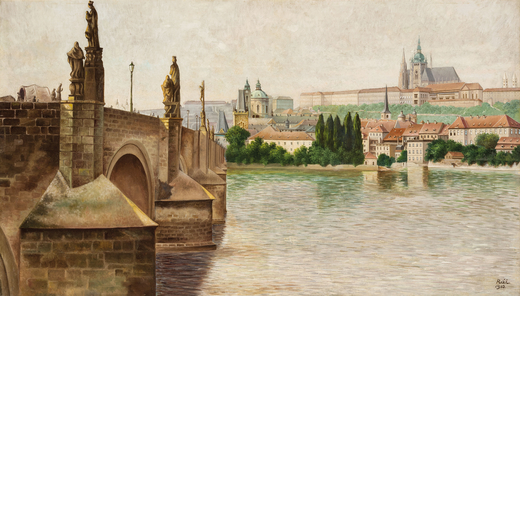 PITTORE DEL XIX - XX SECOLO <br>Veduta di Praga da Ponte Carlo<br>Firmato Raz e datato 1913 in basso