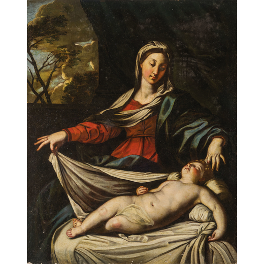 PITTORE EMILIANO DEL XVII-XVIII SECOLO  Madonna con il Bambino addormentato<br>Olio su tela, cm 147X