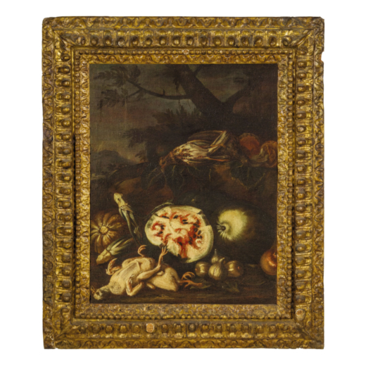 PITTORE EMILIANO DEL XVII - XVIII SECOLO Natura morta con verdure e cacciagione<br>Olio su tela, cm 