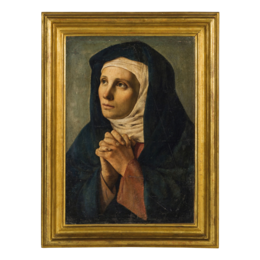 PITTORE DEL XVII-XVIII SECOLO  La Vergine in preghiera<br>Olio su tela, cm 56X39