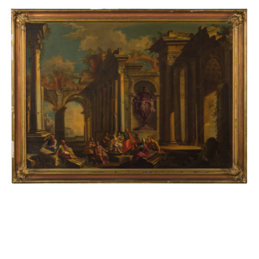ALBERTO CARLIERI (maniera di) (Roma, 1672 - circa 1720)<br>Capriccio architettonico con la predica d