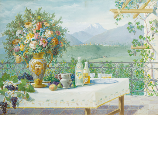 GIUSEPPE MOZZONI (Gardone Val Trompia, 1887 - Brescia, 1978)<br>Colazione sulla terrazza<br>Firmato 
