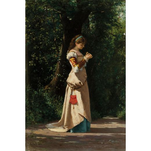 PITTORE DEL XIX SECOLO <br>Fanciulla romantica in giardino<br>Olio su tela, cm 78X33