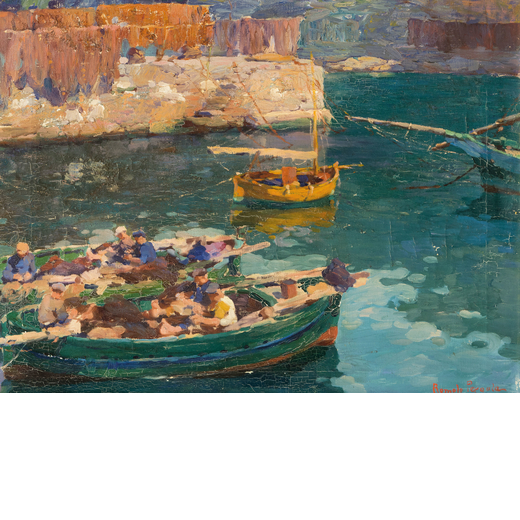 ROMOLO PERGOLA Roma, 1890 - Torino, 1960<br>Marina con barche di pescatori<br>Firmato Romolo Pergola