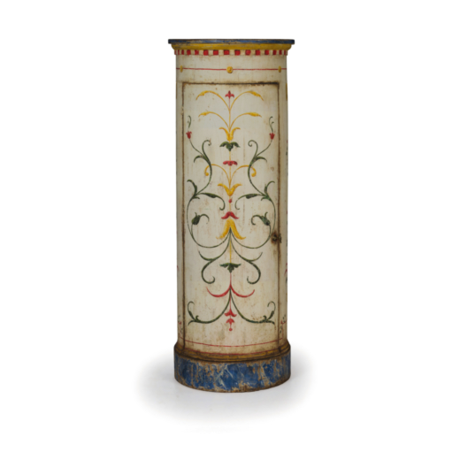 CREDENZA A COLONNA IN LEGNO DIPINTO, XVIII-XIX SECOLO a cilindro con sportello, decorata in policrom