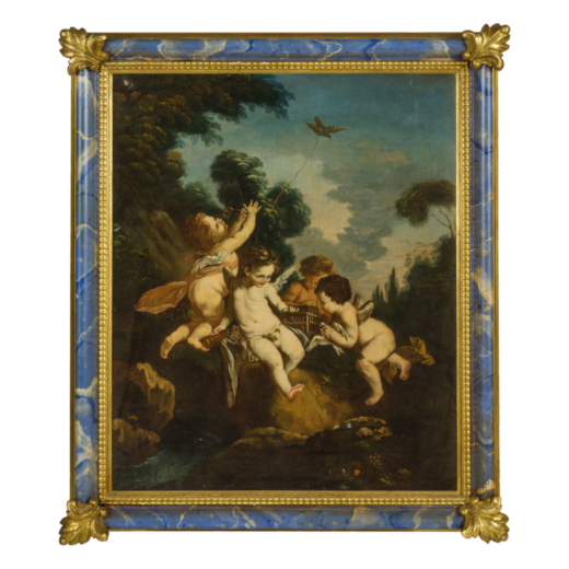 FRANCOIS BOUCHER (maniera di) (Parigi, 1703 - 1770)<br>Gioco di putti<br>Olio su tela, cm 89,5X72