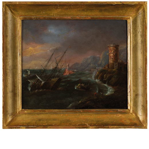 HENDRIK FRANS VAN LINT (Anversa, 1684 - Roma, 1763)<br>Veduta costiera con torre e naufragio<br>Firm