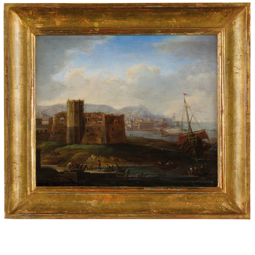 HENDRIK FRANS VAN LINT (Anversa, 1684 - Roma, 1763)<br>Veduta costiera con fortezza e navi alla fond