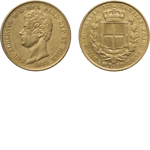 REGNO DI SARDEGNA. CARLO ALBERTO (1831-1849). 20 LIRE 1834 TORINO<br>Oro, 6,42 gr, 21 mm. BB<br>D: C
