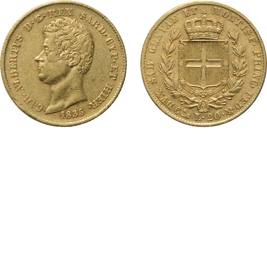 REGNO DI SARDEGNA. CARLO ALBERTO (1831-1849). 20 LIRE 1835 GENOVA<br>Oro, 6,45 gr, 21 mm. BB.<br>D: 