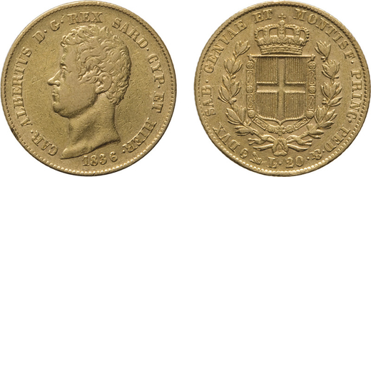 REGNO DI SARDEGNA. CARLO ALBERTO (1831-1849). 20 LIRE 1836 GENOVA<br>Oro, 6,42 gr, 21 mm. BB.<br>D: 