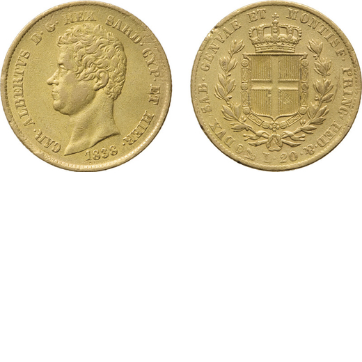 REGNO DI SARDEGNA. CARLO ALBERTO (1831-1849). 20 LIRE 1838 GENOVA <br>Oro, 6,40 gr, 21 mm. Esemplare