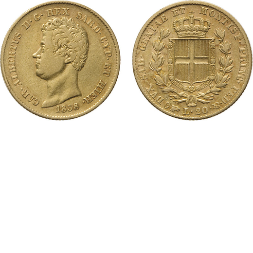 REGNO DI SARDEGNA. CARLO ALBERTO (1831-1849). 20 LIRE 1838 TORINO<br>Oro, 6,40 gr, 21 mm. qBB/BB. Ra