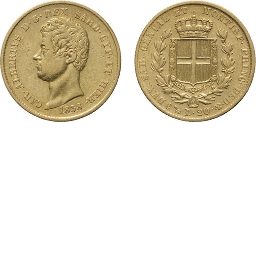 REGNO DI SARDEGNA. CARLO ALBERTO (1831-1849). 20 LIRE 1838 GENOVA <br>Oro, 6,41 gr, 21 mm. BB+.<br>D