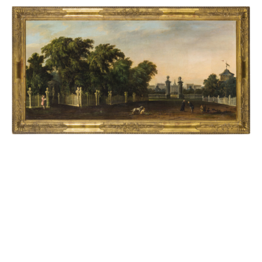 BERNARDO BELLOTTO (cerchia di) (Venezia, 1721 - Varsavia, 1780)<br>Veduta di giardino<br>Olio su tel