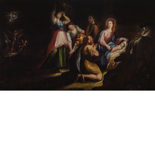 PITTORE DEL XVII SECOLO  Natività <br>Olio su tela, cm 101X175