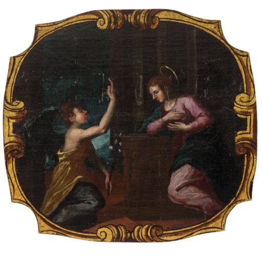 PITTORE LOMBARDO-VENETO DEL XVII SECOLO Annunciazione <br>Olio su tela applicata su tavola, cm 27X29