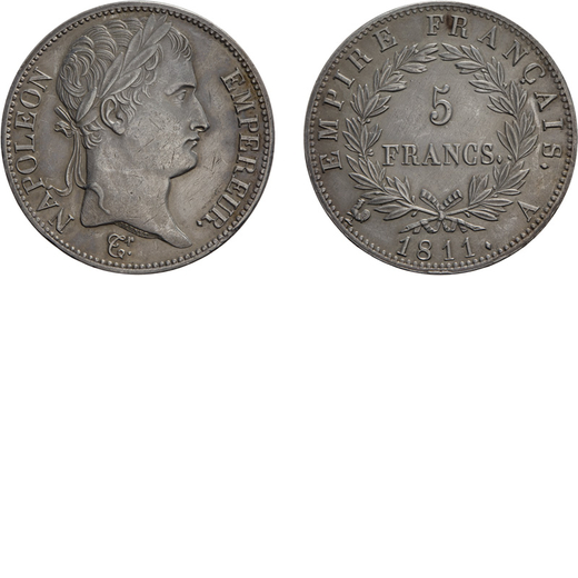 ZECCHE ESTERE. FRANCIA. NAPOLEONE I (1804-1814). 5 FRANCS 1811 PARIGI<br>Argento, 24,76 gr, 37 mm. B